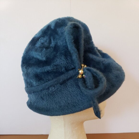 Vintage Angora Flapper Hat Blue Wool Cloche Splendid Etui Town Country Deco UK main image 6
